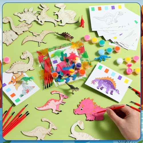 Pasimy 162 Pcs Dinosaur Party Favors Craft Kits Jurassic Party Supplies Dino Birthday Painting Kit Watercolor Card Wooden Cutouts Dinosaur Goodie Bag for Tropical Jungle DIY Project Activities(Dino) - Image 4