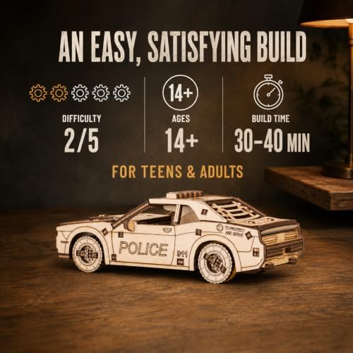 EWA Eco-Wood-Art Pocket Police Car - 3D Wooden Puzzle Mechanical Model Kit DIY Wood Construction Set - Image 5