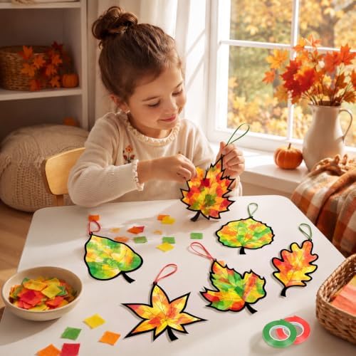 48PCS Fall Crafts Bulk: Leaves Paper Suncatchers DIY Kit for Autumn Thanksgiving Activities Decorations, Window Stained Glass Effect Art Supplies(Black,Style 2) - Image 2
