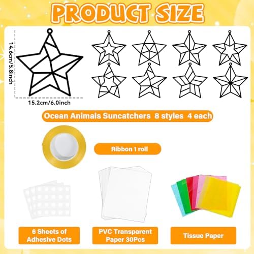 QOUBAI 32 Sets Stars Suncatchers Craft Back to School DIY Stained Glass Window Patriotic 4th of July Paper Craft Home School Classroom Decor Kid Birthday Gift Creative Art Activity Game - Image 2