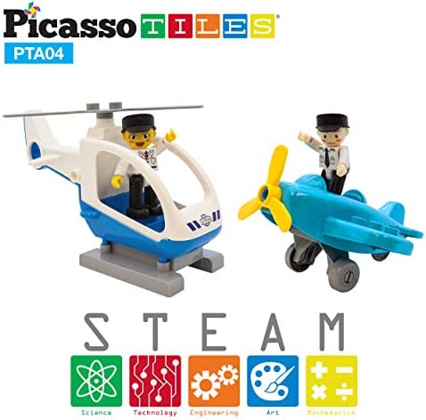 PicassoTiles Magnetic Figures 4 Piece Aircraft and Action Figure Magnet Airplane and Helicopter Expansion Pack Toddler Toy Set Educational Learning Kit Pretend Playset for Construction Building Block - Image 4