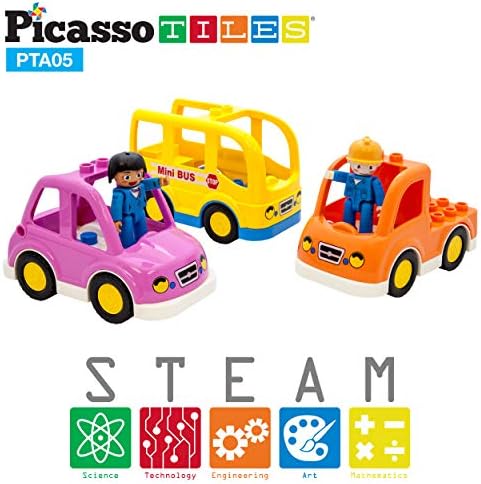 PicassoTiles Magnetic Figures 5 Piece Vehicle and Action Figure Set Including School Bus, Car, Truck and 2 Drivers Magnet Expansion Pack Toddler Toy Kit Pretend Playset for Construction Building Block - Image 4