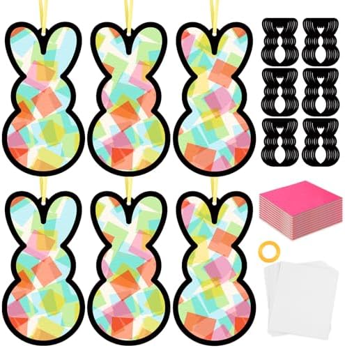 Qyeahkj 36 Set Easter Bunny Suncatchers Crafts for Kids DIY Colorful Rabbits Window Tissue Paper Craft Kit Hanging Decor for Easter Classroom Home Activity Art Project Birthday Party Favor by Qyeahkj