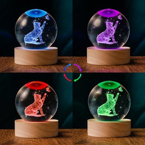 60mm 3D Crystal Ball Cat Lover Gifts for Women Cat Themed Sympathy Figurines Decor Gifts with Wooden Light Base - Image 4