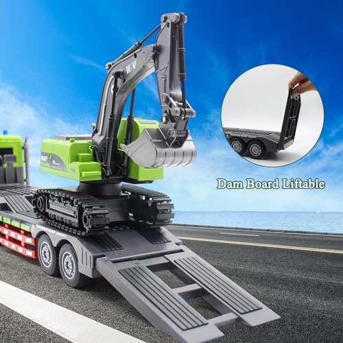 Fistone RC Semi-Trailer Truck & Excavator Toy Set, 1:12 Scale with Sound and Lights, 2.4Ghz Remote Control Flatbed Truck and Excavator Toys for Boys 6-12 Years Old - Image 4