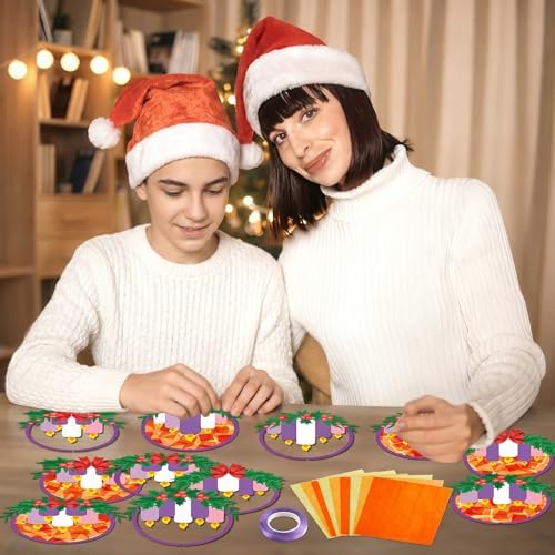 Qyeahkj 36 Set Christmas Advent Wreath Suncatchers Crafts for DIY Advent Candle Tissue Paper Craft Kit Hanging Decor for Xmas Holiday Home Activity Art Project Birthday Party Favor Gift - Image 6