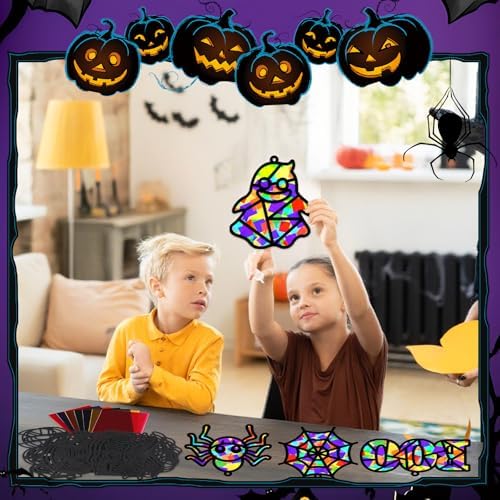 32 Sets Halloween Suncatchers Craft Kit DIY Window Stained Glass Effect Ghost Spider Skull Pumpkin Paper Crafts Home School Classroom Decoration Kid Birthday Gift Creative Art Project Activity Game - Image 4