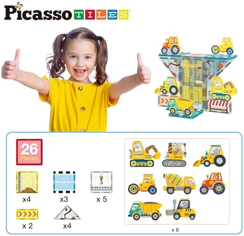PicassoTiles Magnetic Tile Construction Set with 8 Vehicle Figures and 18 Printed Panels STEM Educational Building Kit for Kids Age 3 Plus Creative Play Learning Blocks Motor Skills Development PTQ21 - Image 2