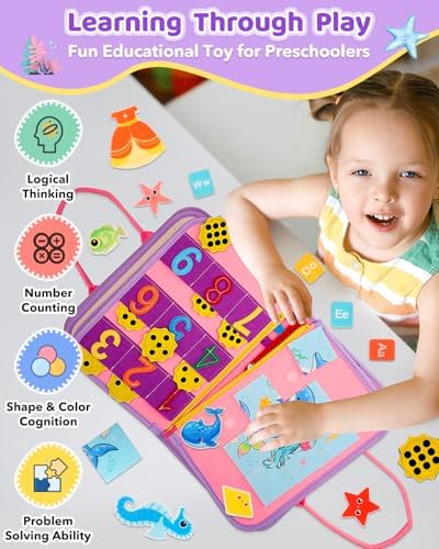 SaFeli Busy Board, Montessori Toys for Girl Birthday Gifts, Learning Toys Sensory Busy Book Toys, Travel Educational Book for Airplane Car | Birthday Gift for Girls, Pink - Image 5