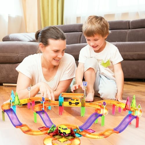 PicassoTiles 60pc Magnetic Tile Race Car Track Set STEM Construction Road Kit Building Blocks for Kids Toddlers Age 3 Plus Educational Travel Toy Sensory Preschool Learning for Boys and Girls PTMR60 - Image 2