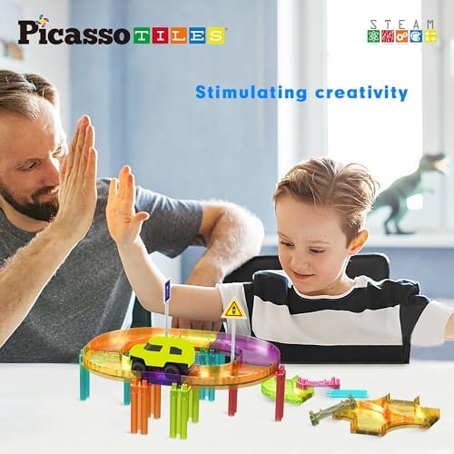 PicassoTiles Race Car Track Magnetic Tiles Travel Toy Sensory Magnet Tile Toys for Toddlers STEM Educational Learning Montessori Play Construction Building Blocks Kids Boys Girls Ages 3+ PTMR40 - Image 2
