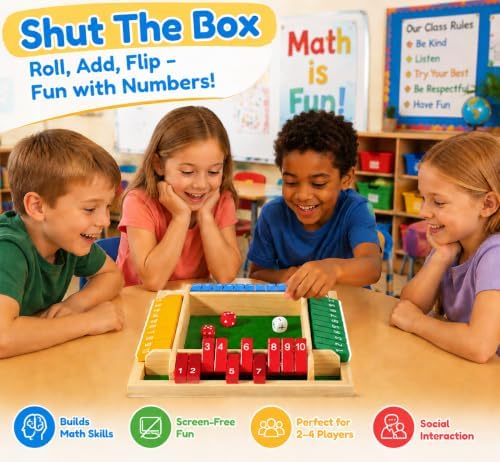 Shut The Box Dice Game 12 Inch Upgraded 2-4 Player Wooden Dice Game Math Addition Games Close The Box Family Wooden Dice Board Game for Kids Adults, Tabletop Version for Classroom, Home, Party or Bar - Image 3