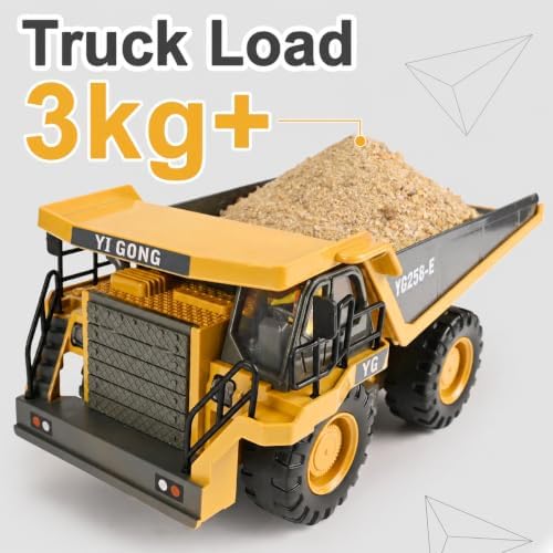 KidsFaves RC Dump Truck, 9CH Remote Control Dump Truck with Metal Dump Bed, 45° Lifting & 360° Rotation, 2 Batteries, Lights & Sounds, Construction Toy for Boys Age 3+ - Image 5