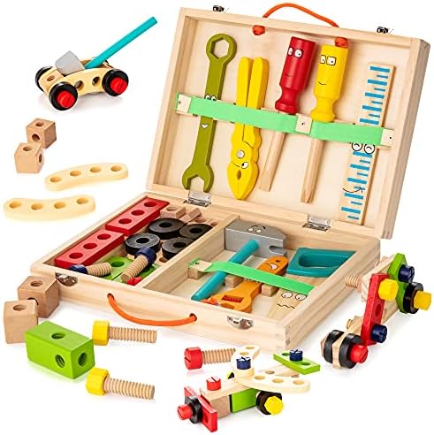 WOODMAM Wooden Kids Tool Set, 37Pcs Learning Construction Toy with Tool Box, Montessori Educational Building Toys Gift for 3+ Years Old Boys Girls by WOODMAM