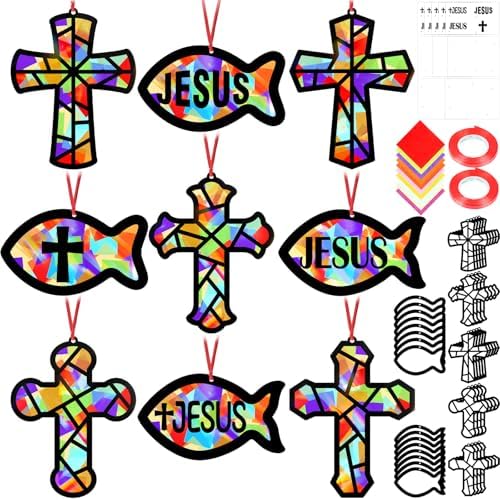 Renbuzhu 48PCS Sunday School VBS Crafts Bulk: Paper Cross Fish Nativity Suncatchers, Jesus Religious Christian Activity DIY Kits Church Decorations, Window Stained Glass Effect Art Supplies by Renbuzhu