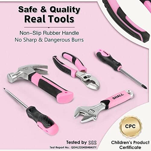 SHALL 26-Piece Kids Size Tool Set, Pink Real Tools for Kids with 12" Tool Bag, Safety Certified Children Learning Tool Kit with Hand Tools for Boys & Girls Age 6+, DIY Building, Woodwork, Construction - Image 2