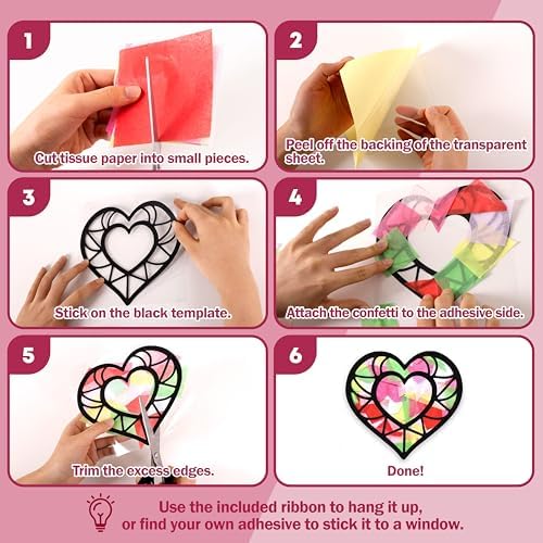 Renbuzhu 40PCS Valentines Day Crafts: Paper Heart Suncatchers, Christmas Valentine's Classroom DIY Kits, Window Stained Glass Effect Art Supplies - Image 6