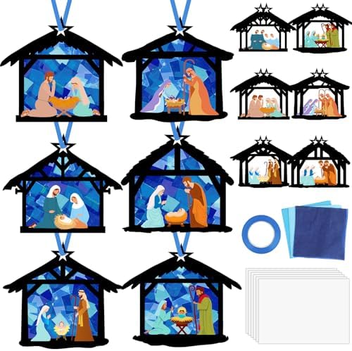 Qyeahkj 36 Set Christmas Nativity Suncatchers Crafts for DIY Nativity Scene Window Tissue Paper Craft Kit Hanging Decor for Xmas Holiday Home Activity Art Project Birthday Party Favor Gift by Qyeahkj