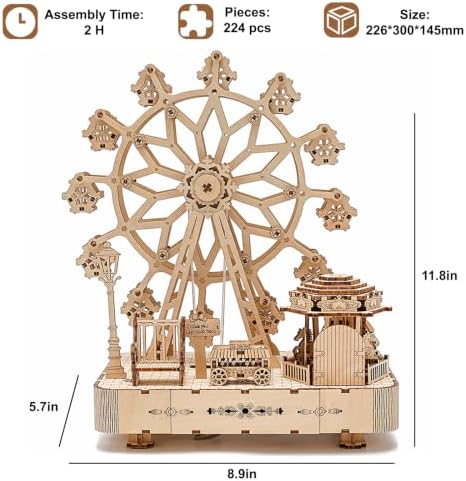 3D Wooden Puzzle for Adults, Ferris Wheels Music Box Model Kits with Light - Image 6
