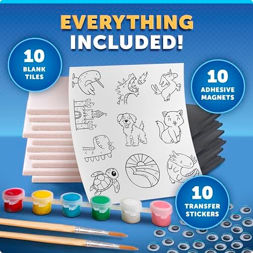Blue Marble Magnetic Tile Art Craft Kit - Paint Your Own Magnetic Mini Tiles, Includes 10 Tiles, Magnets, 6 Paints, Brush, Googly Eyes & Transfer Stickers, Magnet Art Kit, DIY Magnets for Kids - Image 6