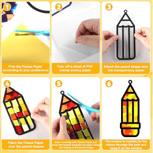 32 Sets Back to School Pencil Suncatchers Craft Kit DIY Window Stained Glass Effect Pencils Paper Crafts for Home School Classroom Decoration Kid Birthday Gifts Creative Art Projects Activity Game - Image 3