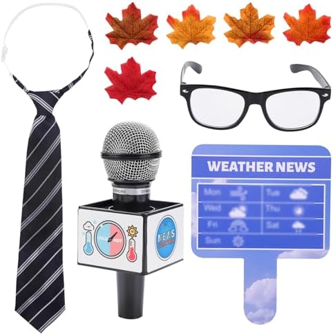 Kids Meteorologist Costume Set Weather Toys for Kids Glasses Microphone Weather Man Necktie Maple Leaves Weather Chart Prop for Career Day Party by Unknown
