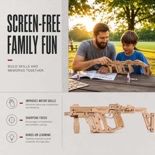 3D Wooden Puzzle Rubber Band Machine Gun Toy DIY Craft Kit, Wood Model Kit for Adults & Kids to Build, Brain Teaser Wooden Jigsaw Puzzles Mechanical Gift (Machine Gun) - Image 7