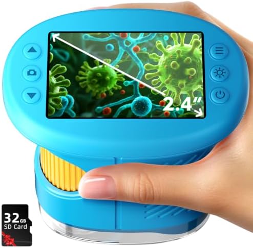 Odatay 4K 1000X Digital Microscope for Kids with 32G Card, Long Distance Viewing & 2.4" Screen Portable Handheld Edu Toys for Age 3-12 Exploring Bugs Plants at Home Classroom & Outdoor Travel, Blue by Odatay