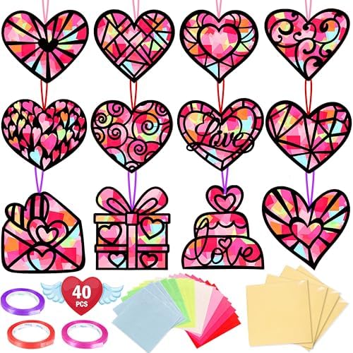 Renbuzhu 40PCS Valentines Day Crafts: Paper Heart Suncatchers, Christmas Valentine's Classroom DIY Kits, Window Stained Glass Effect Art Supplies by Renbuzhu