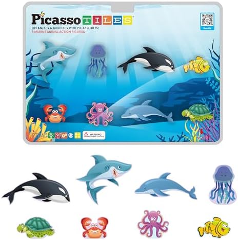 PicassoTiles Magnet Tile Building Blocks 8 Marine Animal Action Figures Compatible Magnetic Accessory Playset Tiles Kids Toys STEM Educational Learning Preschool Toddler Girls Boys Age 3+ PTA25 by PicassoTiles