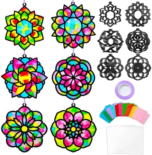 Qyeahkj 36 Set Mandala Suncatchers Crafts for Kids DIY Mandala Window Tissue Paper Craft Kit Art Flower Hanging Decor for Summer Home Activity Art Project Birthday Party Favor Gift by Qyeahkj