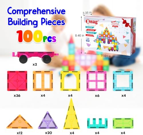 Bmag Magnetic Tiles Building Blocks Set with 2 Cars 100Pcs, Designed for Open-Ended Building and Versatile Play, Gifts for STEM Support and Parent-Child Interaction for Kids Aged 3+ - Image 6