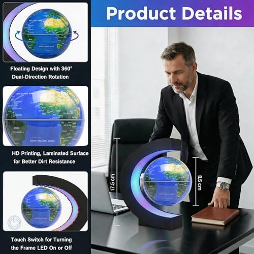 Magnetic Levitation Floating Rotating World Globe with LED Frame Lights, C Shape Levitating Globe, Touch Switch Night Light, Cool Tech Gifts for Men Dad Boys Kids, Office Desk Decor and STEM Gift - Image 2