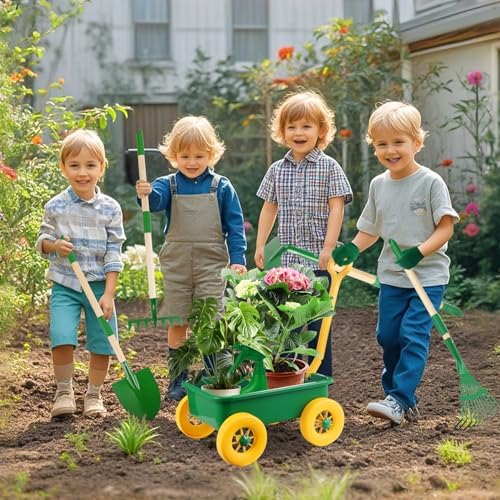 Duckura Kids Wheelbarrow Set, Kids Gardening Tools Set with Real Shovel, Rake, Hoe and Leaf Rake for Outdoor Backyard Play, Educational Toys Birthday Gift for Toddler Boys & Girls Ages 3 4 5 - Image 3