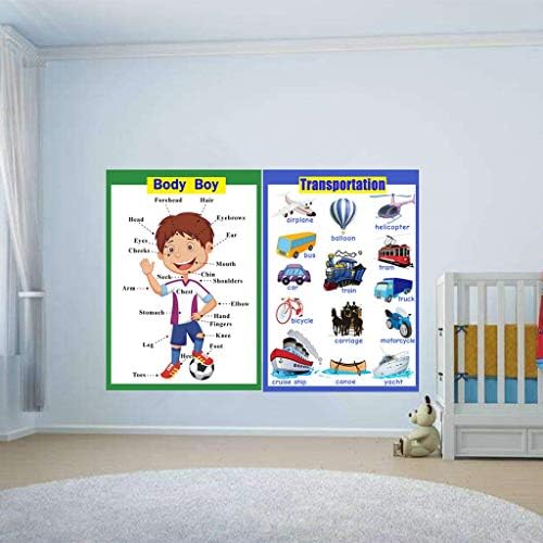 SANTSUN 2 Pcs of Set Educational Preschool Poster for Toddlers and Kids|Great for Nursery Homeschool Kind Classroom decorations|School Wall Decor- Transportation,Body Parts (17x24in) by SANTSUN