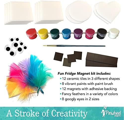 Pinwheel Crafts Magnetic Tile Art Kit Ages 6-12+ Years - Paint Your Own Magnetic Mini Tiles Includes 12 Tiles, Magnets, 8 Paints, Brush, Googly Eyes - DIY Magnet Making Kit for Kids - Image 2