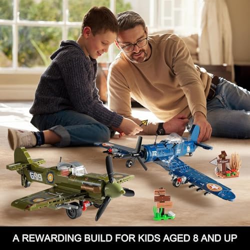 WW2 Military Plane Building Sets - US F4U & Spitfire Fighter Jet Model Toys - Image 5