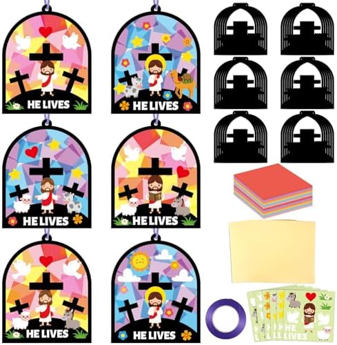 Qyeahkj 36 Set Easter Jesus Cross Suncatchers Crafts for DIY Christian Religion Cross Window Tissue Paper Craft Kit Hanging Decor for Home Activity Art Project Birthday Party Favor by Qyeahkj