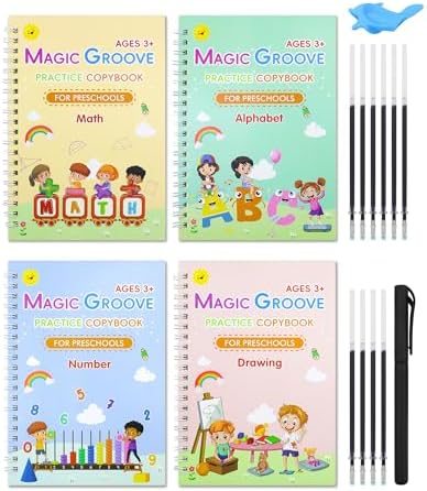 Magic Practice Copybook, Reusable Writing Practice Book, Handwriting Aid for Preschool Kids Age 3-8 (4 Books with Pens) by Unknown