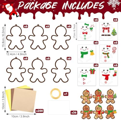 36 Set Christmas Gingerbread Suncatchers Craft Kit for Kids Christmas Tissue Paper Sun Catchers Bulk DIY Your Own Gingerbread Man Hanging Ornament for Xmas Holiday Party Home School Classroom Activity - Image 2