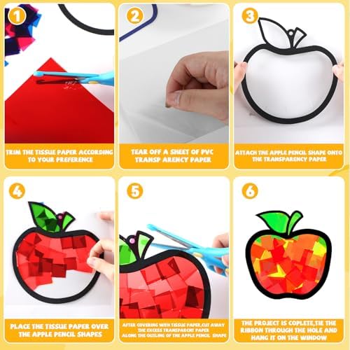 32 Sets Back to School Apple Pencil Suncatchers Craft Kit DIY Window Stained Glass Effect First Day of School Paper Craft Home Classroom Decoration Kid Birthday Gift Creative Art Project Activity Game - Image 3