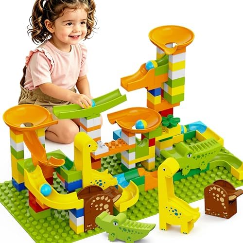 Dinosaur Marble Runs for Kids 4-8 Building Blocks Compatible with LEGO DUPLOS Marbles Run/138Pcs Classic Big Blocks Marble Run for kids Ages 3-5 STEM Toy/Montessori Toys Gift for Kids Age 3,4,5,6,7,8+ by YYLANDTOYS