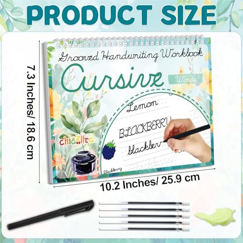 chiazllta Grooved Cursive Handwriting Workbook with Disappearing Ink Pens Magic Reusable Grooved Cursive Writing Practice for Beginners Kids Kickoff Student Workbook Homeschooling Supplies (Words) - Image 2