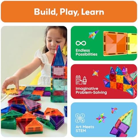 PicassoTiles 80 Piece Magnetic Tiles, STEM Building Set with Car, Ages 3+ - Image 3