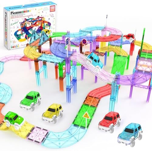 PicassoTiles 150 Piece Race Car Track, Magnetic Building Set with 4 Cars 3+ by PicassoTiles