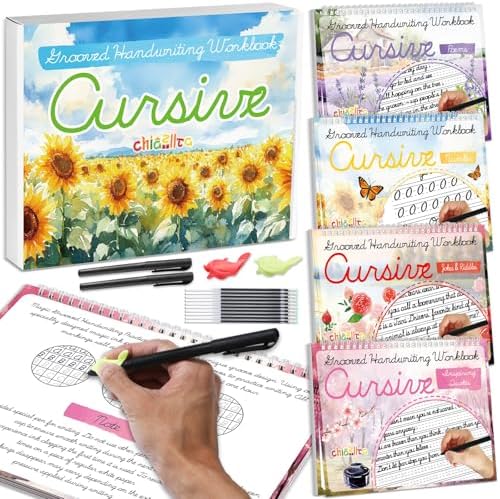chiazllta 4 Pack Grooved Cursive Handwriting Practice Kit with Disappearing Ink Pens Magic Reusable Grooved Cursive Writing Workbooks Copybook for Kids (Poems&Number&Jokes Riddles&Inspiring Quotes) by chiazllta