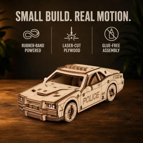 EWA Eco-Wood-Art Pocket Police Car - 3D Wooden Puzzle Mechanical Model Kit DIY Wood Construction Set - Image 3