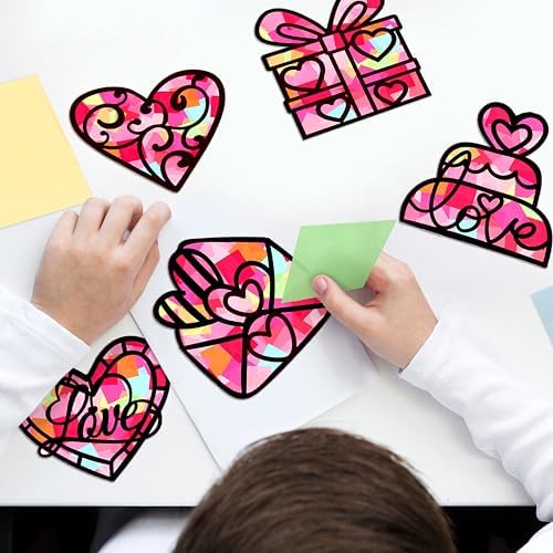 Renbuzhu 40PCS Valentines Day Crafts: Paper Heart Suncatchers, Christmas Valentine's Classroom DIY Kits, Window Stained Glass Effect Art Supplies - Image 2