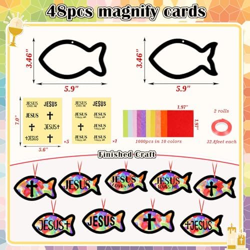 Renbuzhu 48PCS Sunday School VBS Crafts Bulk: Paper Jesus Fish Nativity Suncatchers, Religious Christian Activity DIY Kits Church Decorations, Window Stained Glass Effect Art Supplies - Image 4