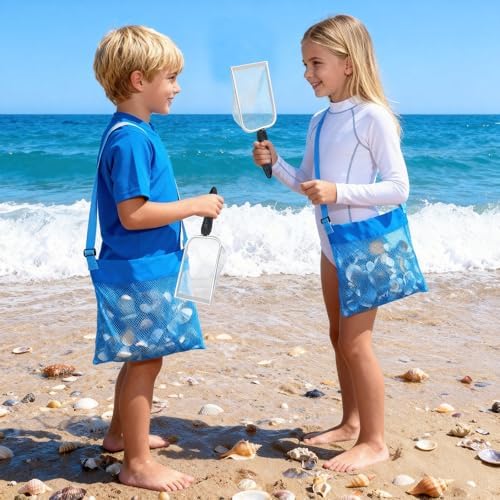 fethwoin 2Pcs Shark Tooth Sifter with 2Pcs Mesh Shell Bags, Beach Sand Sifter, Sea Shell Scooper for Beach, Sand Beach Toys for Kids, Medium, Blue - Image 5